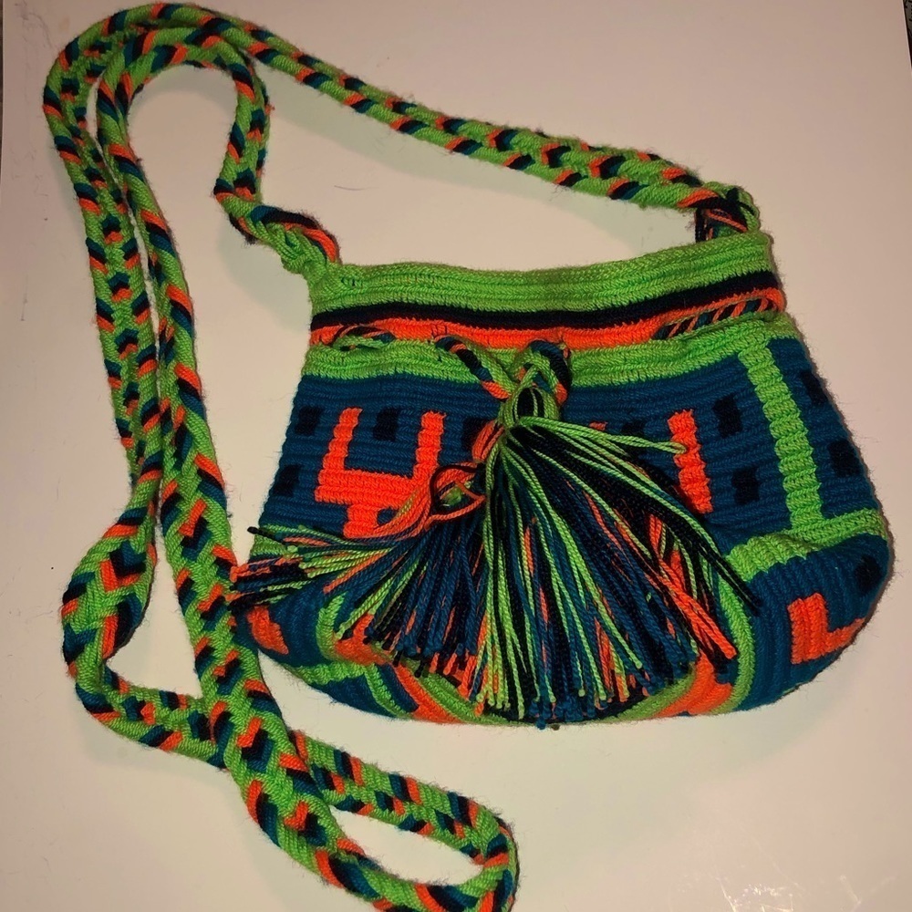 NEON Crochet Mini Woven Bag 5” x 6.5” / 40” Shoulder Strap EUC
